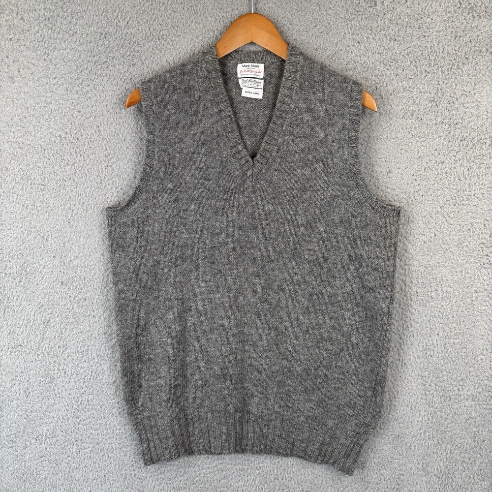 Vintage Shetland Wool Sweater Vest‎ Mens 42L Extra Long Gray V Neck Scotland